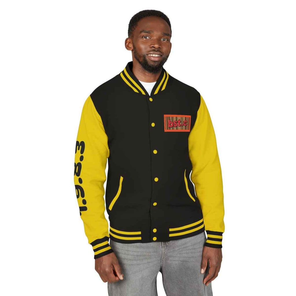 Letterman Jacket — Retro 'bst.c' Bar Code Patch Varsity Jacket