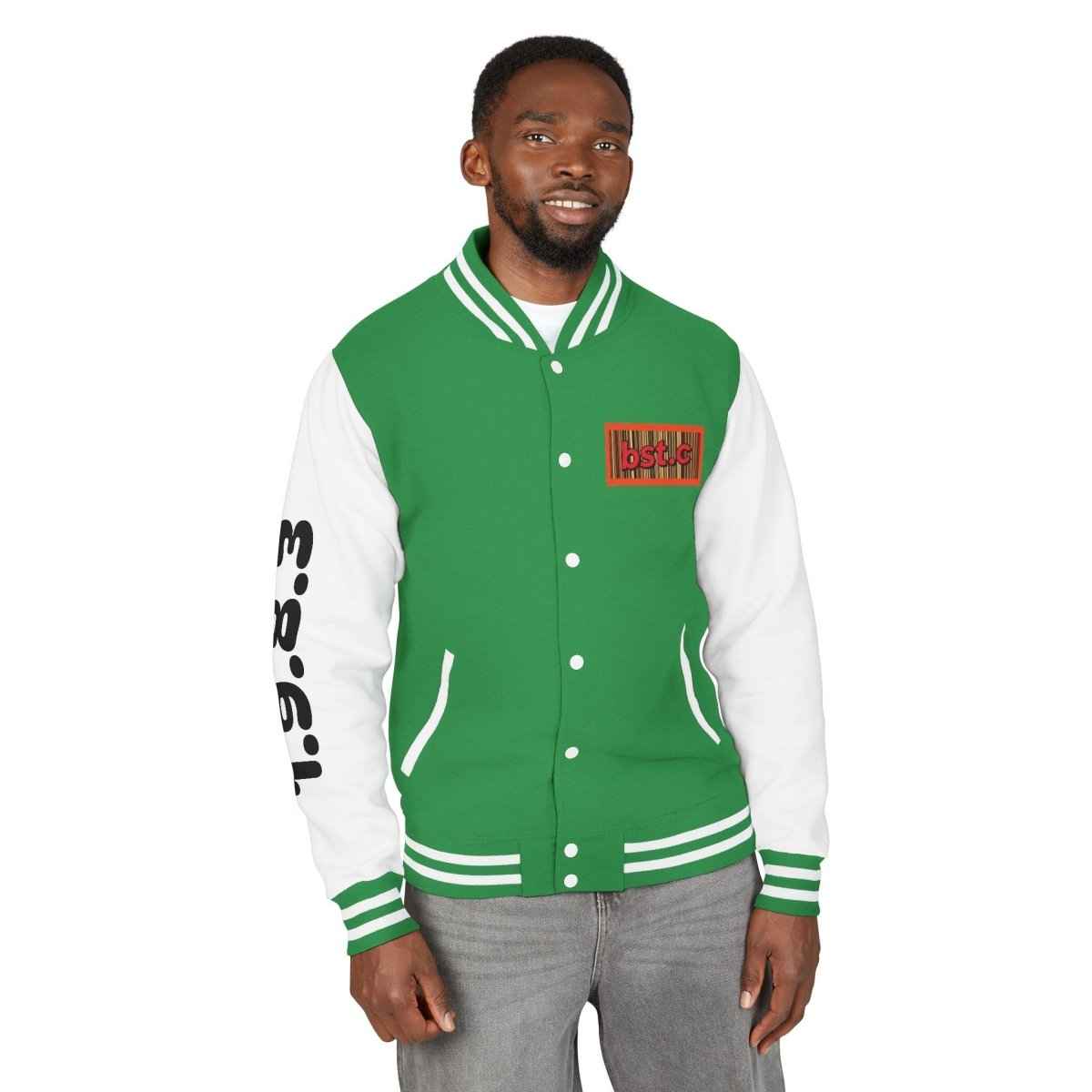 Letterman Jacket — Retro 'bst.c' Bar Code Patch Varsity Jacket
